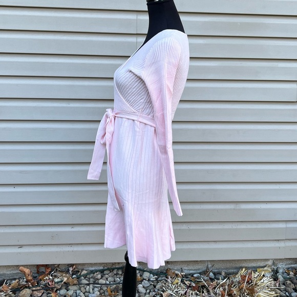 New Pink Faux Wrap V-neck Belted Ribbed Mini Long Sleeve Sweater Dress - Picture 9 of 9